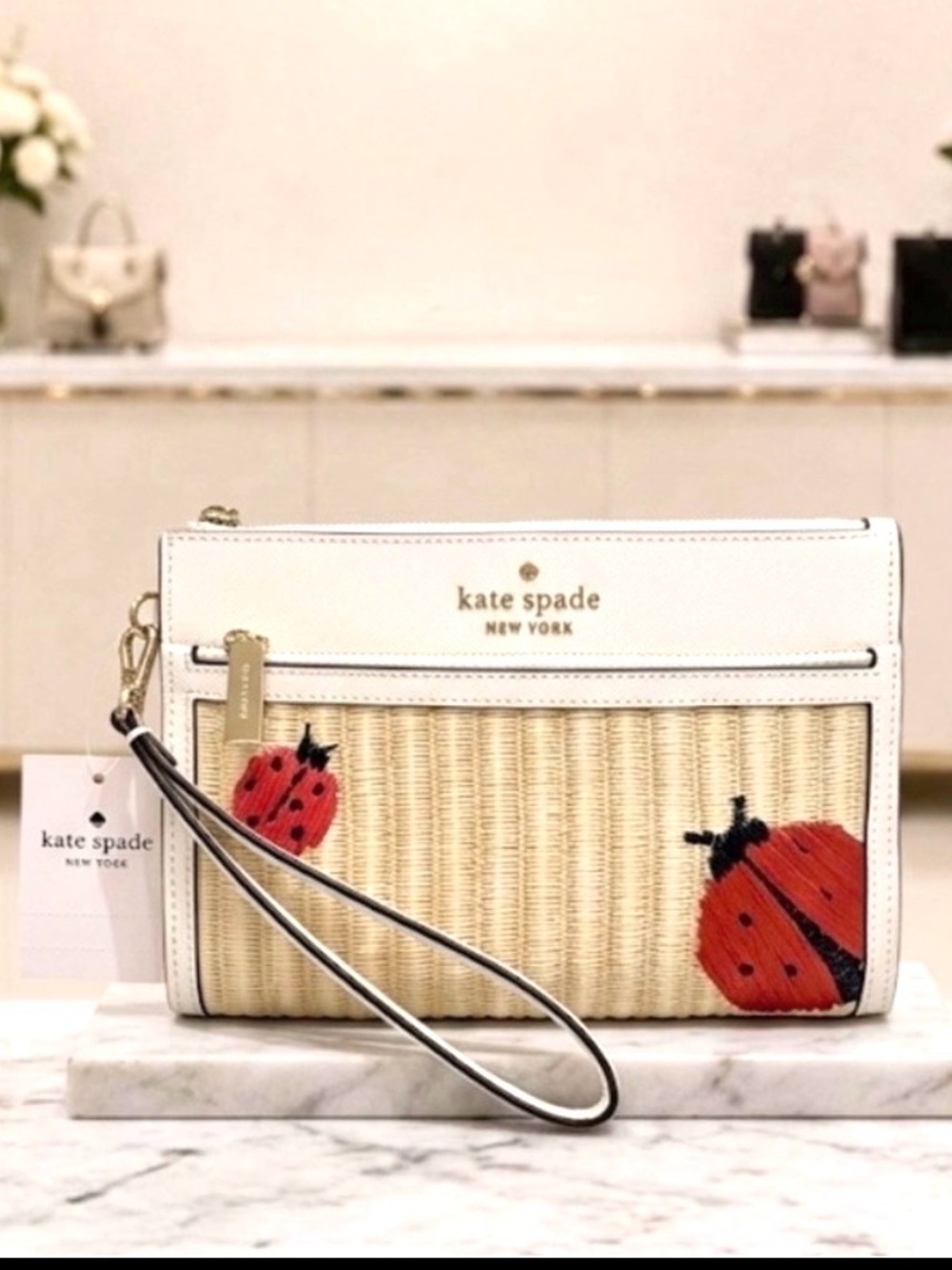 Kate Spade Dottie Ladybug Embroidered Natural Straw dbl zip Wristlet - NWT $179